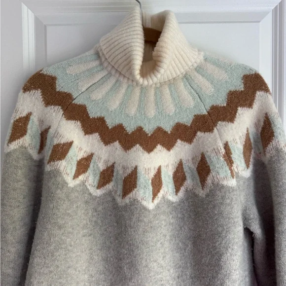J. Crew Fair Isle Wool Alpaca Blend Turtleneck Sweater Cozy Gray Cream Brown M - Picture 8 of 8
